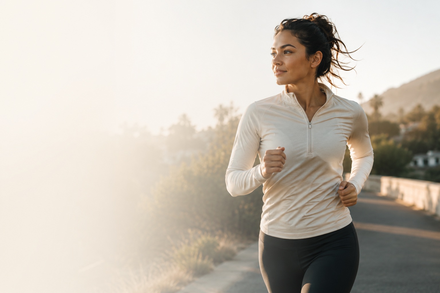 A woman mid-stride on a sunrise run, relaxed and smiling