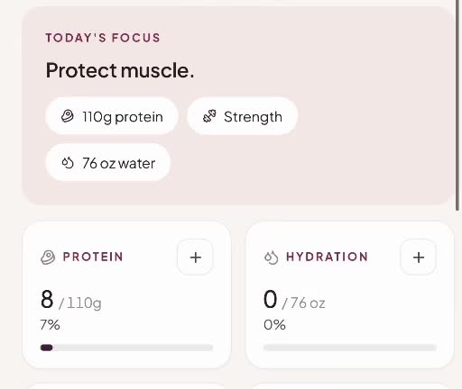 Actual ATTA app screen showing today’s focus, protein, and hydration