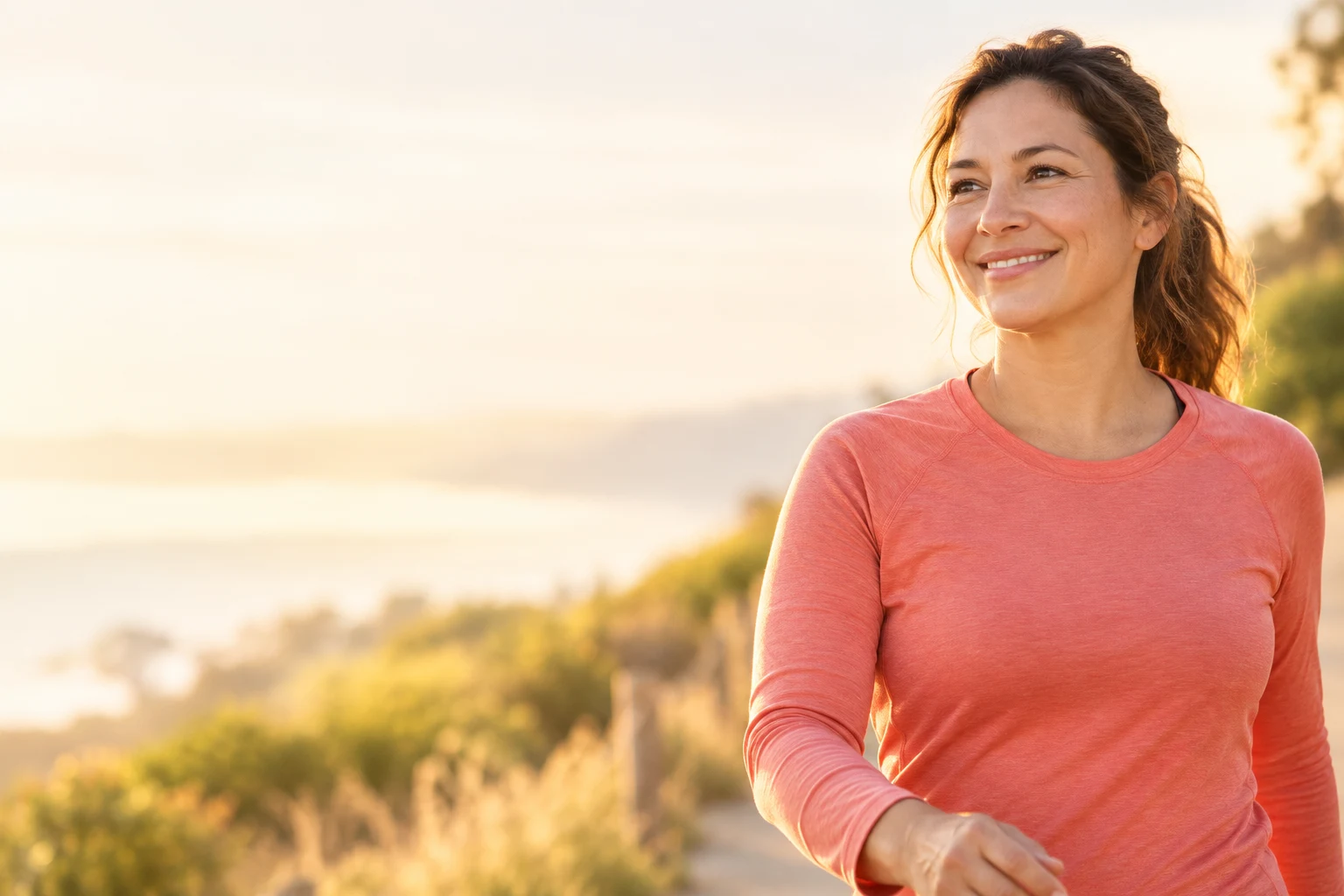 A smiling woman wearing coral outdoors in warm morning light