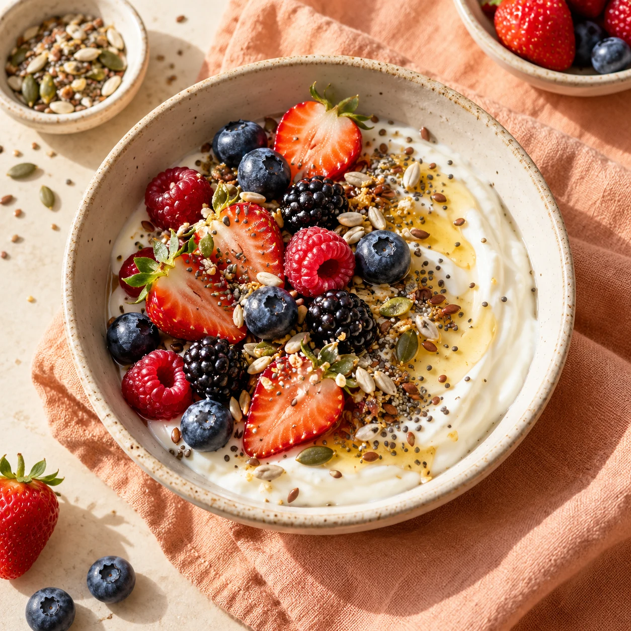 Greek yogurt with berries and seeds
