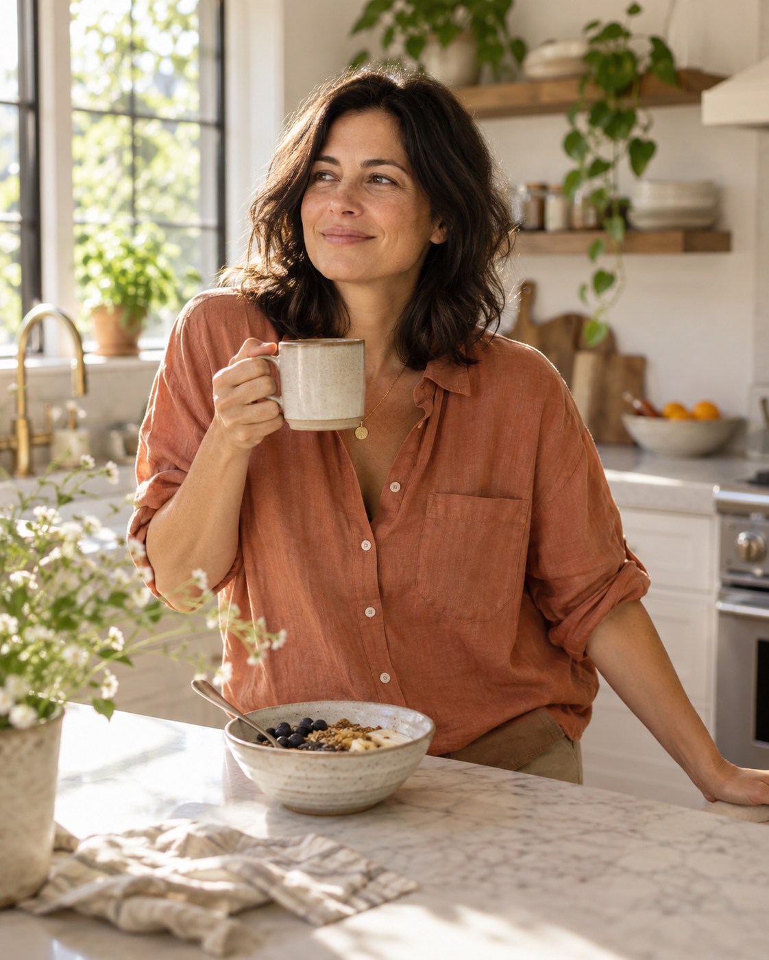 A woman enjoying a quiet morning in her kitchen